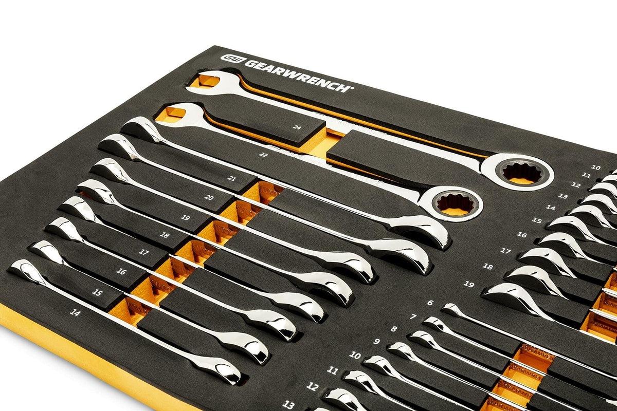 A black foam tray with orange accents holds GEARWRENCH combination wrenches sized from 6mm to 24mm. Each wrench has an open-end and a ratcheting box-end, organized for modular tool chest storage.
