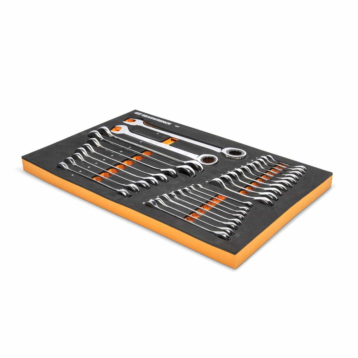 A black foam tray with orange highlights holds a set of combination wrenches arranged in two rows. Each wrench has an open-end and a box-end, designed for organized tool storage in professional settings.