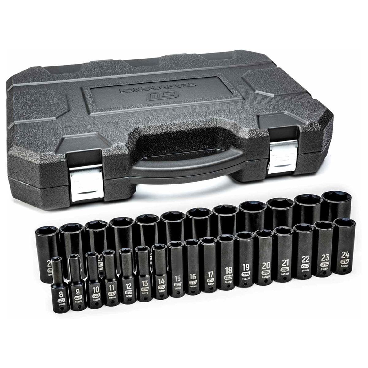 The complete GEARWRENCH 29-piece 1/2-inch drive deep impact metric socket set, with all 29 sockets arranged in two rows in front of the closed black blow-molded case.
