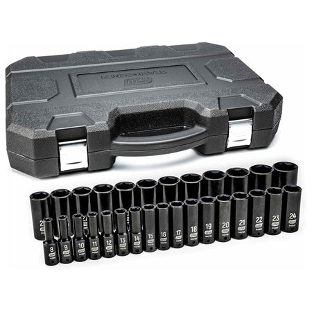 The complete GEARWRENCH 29-piece 1/2-inch drive deep impact metric socket set, with all 29 sockets arranged in two rows in front of the closed black blow-molded case.