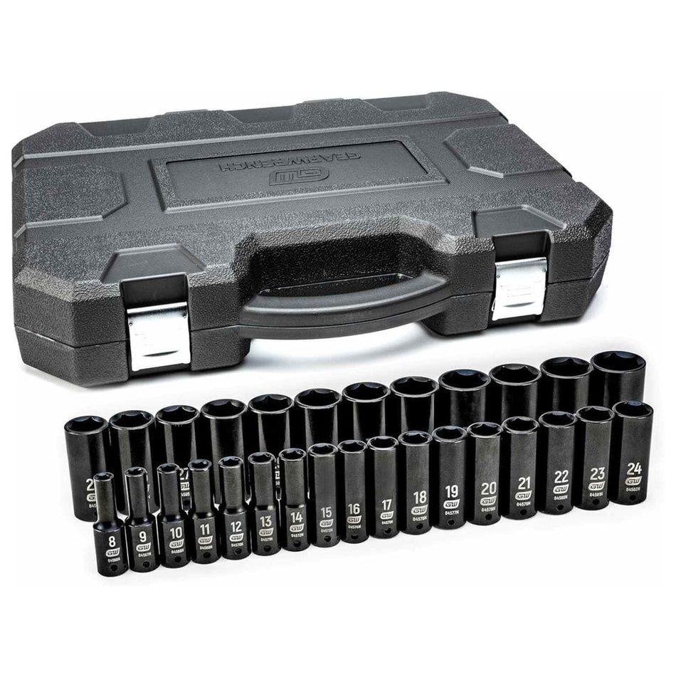 The complete GEARWRENCH 29-piece 1/2-inch drive deep impact metric socket set, with all 29 sockets arranged in two rows in front of the closed black blow-molded case.