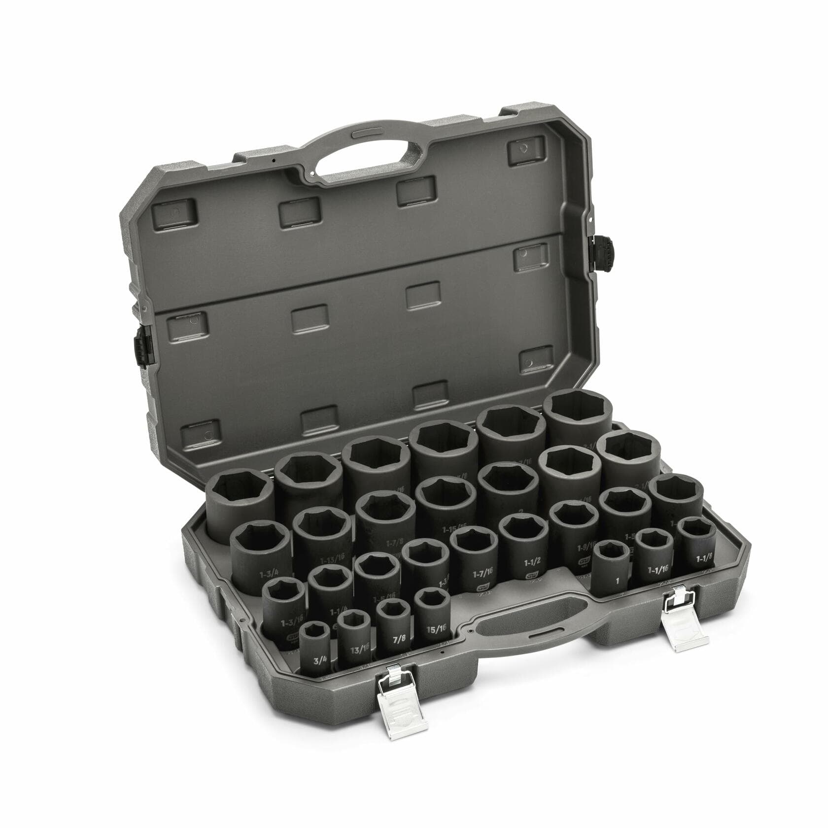 The full GEARWRENCH 29-piece 3/4-inch drive impact socket set organized inside its open dark grey blow mold storage case.