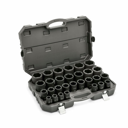 The full GEARWRENCH 29-piece 3/4-inch drive impact socket set organized inside its open dark grey blow mold storage case.