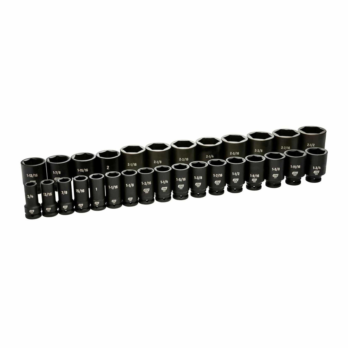 All 29 SAE deep impact sockets from the GEARWRENCH 84037 set arranged in two ascending size rows against a white background.