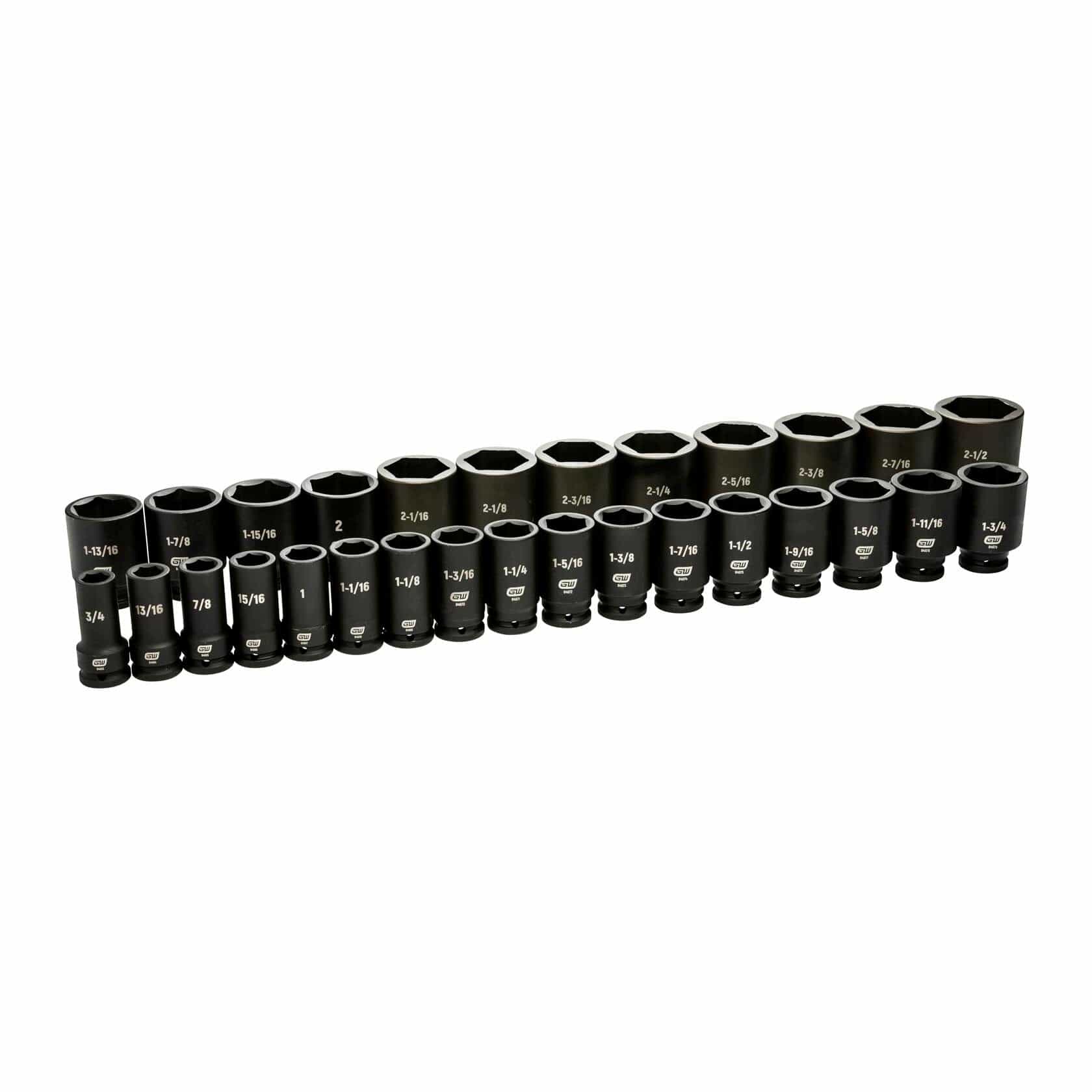 All 29 SAE deep impact sockets from the GEARWRENCH 84037 set arranged in two ascending size rows against a white background.