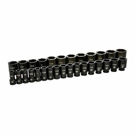 All 29 SAE deep impact sockets from the GEARWRENCH 84037 set arranged in two ascending size rows against a white background.