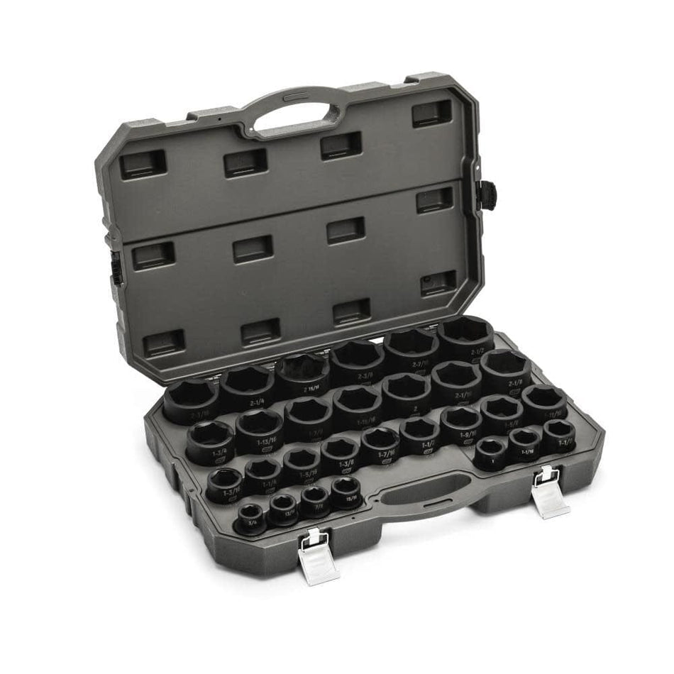 Open hard plastic carrying case displaying 29 black impact sockets arranged by size from 5/8 inch to 2-3/8 inch; each socket fits into a labeled slot for organized storage