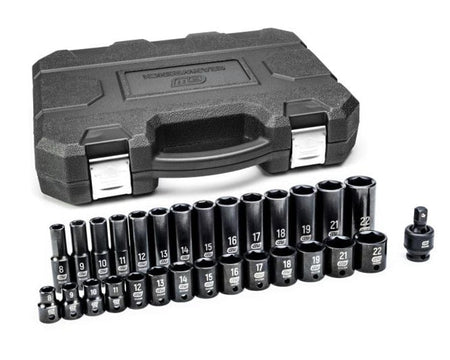 The closed black hard-shell case for the impact socket set next to the 29 pieces—the standard and deep sockets and the universal joint—laid out on a white background.
