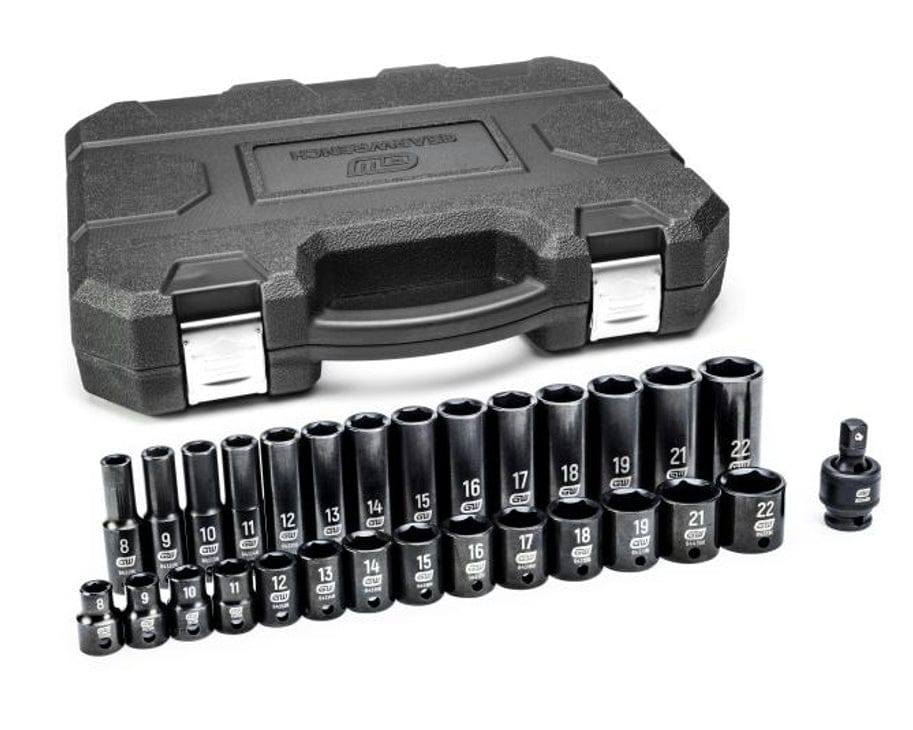The closed black hard-shell case for the impact socket set next to the 29 pieces—the standard and deep sockets and the universal joint—laid out on a white background.