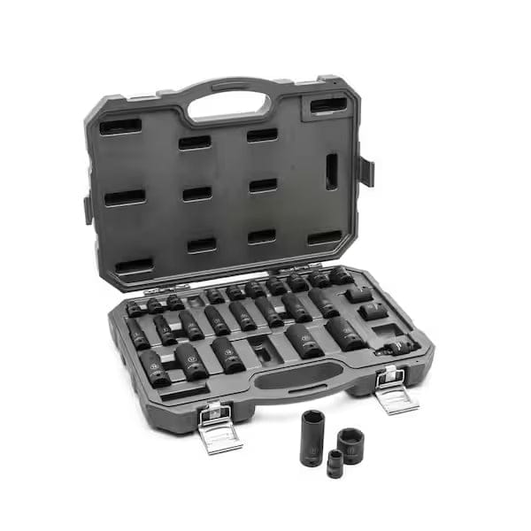 The open gray blow mold case for the GEARWRENCH 29-piece impact socket set, displaying the black standard and deep metric sockets and the universal joint organized inside.