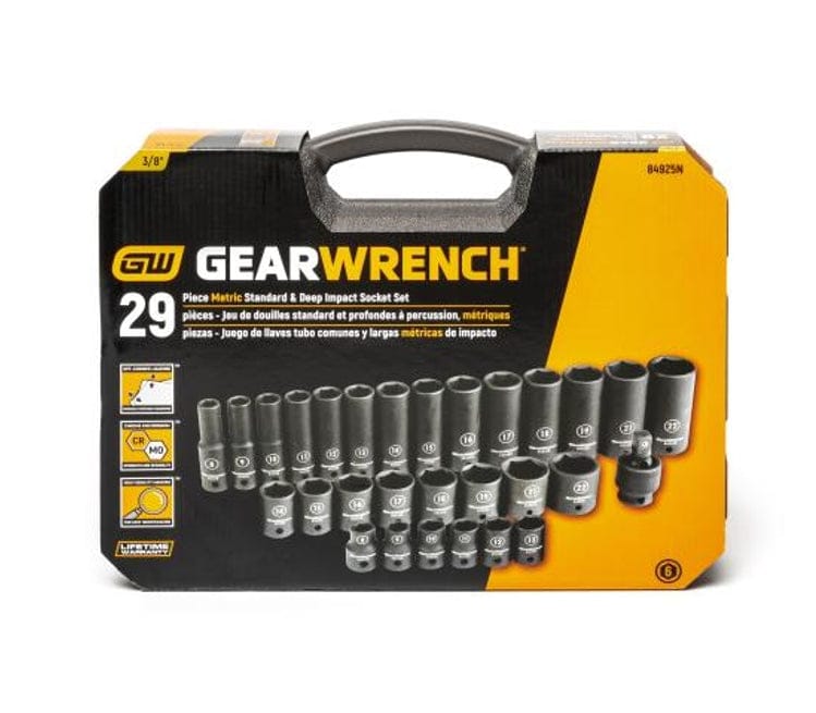 The retail packaging for the GEARWRENCH 29-piece 3/8-inch drive Metric Standard and Deep Impact Socket Set, showing the sockets arranged in a row with feature icons.