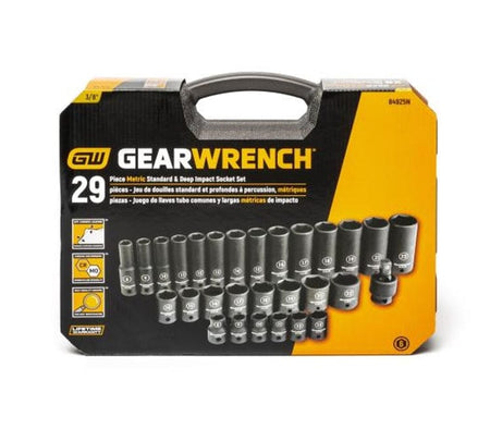 The retail packaging for the GEARWRENCH 29-piece 3/8-inch drive Metric Standard and Deep Impact Socket Set, showing the sockets arranged in a row with feature icons.