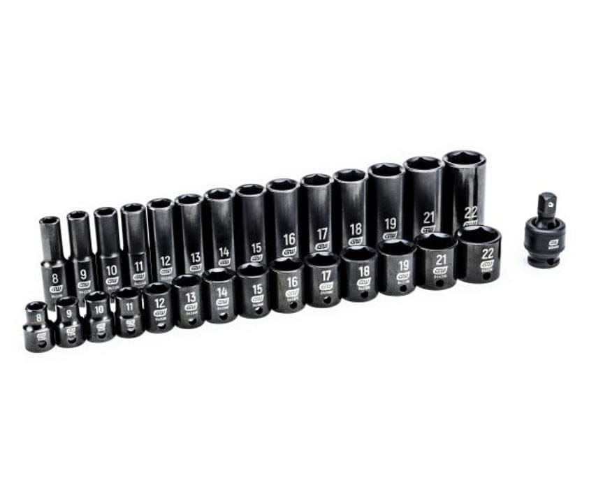 The complete set of 28 black standard and deep metric impact sockets (8mm through 22mm) and the universal joint laid out in organized rows on a white background.