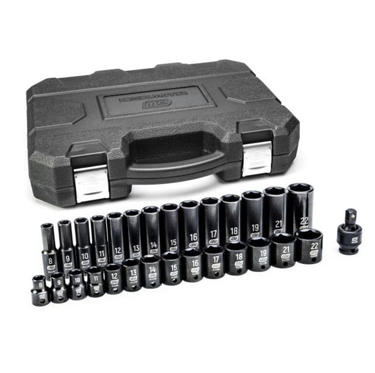 The closed black hard-shell case for the impact socket set next to the 29 pieces—the standard and deep sockets and the universal joint—laid out on a white background.