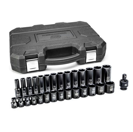 The closed black hard-shell case for the impact socket set next to the 29 pieces—the standard and deep sockets and the universal joint—laid out on a white background.