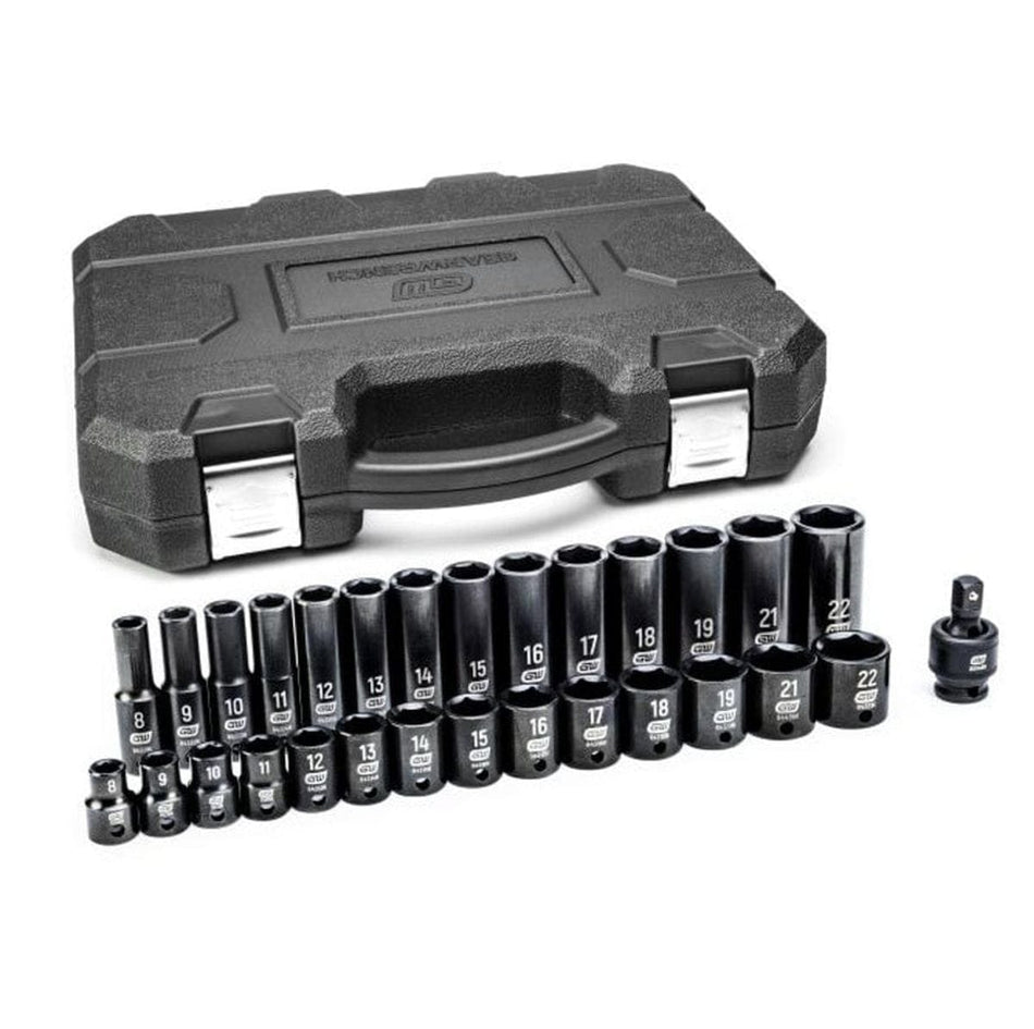 The closed black hard-shell case for the impact socket set next to the 29 pieces—the standard and deep sockets and the universal joint—laid out on a white background.