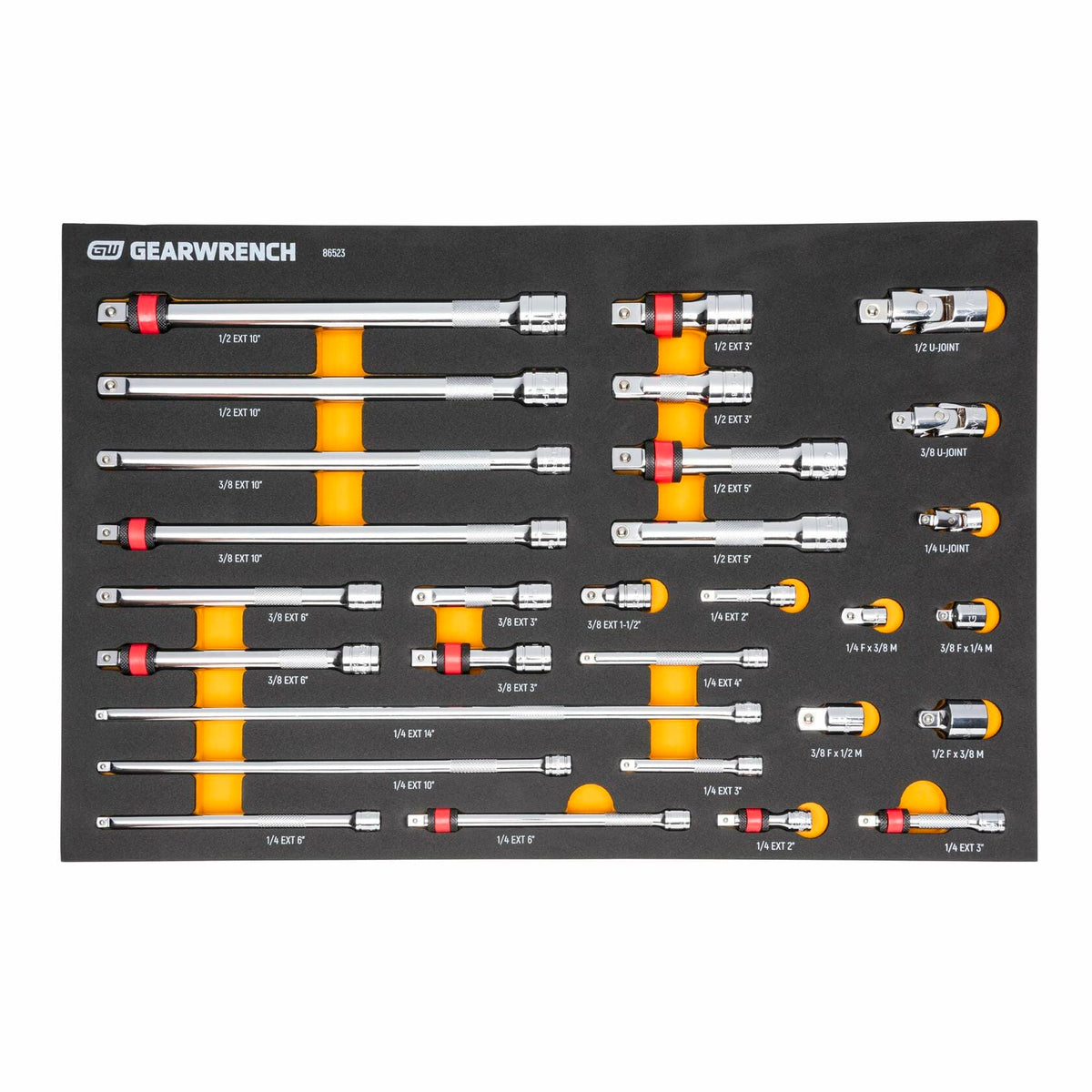 GEARWRENCH extension bars and adapters organized in a foam tray with labeled slots. Includes 1/4", 3/8", and 1/2" drive sizes. Yellow highlights and clear labeling enhance visibility and tool access.