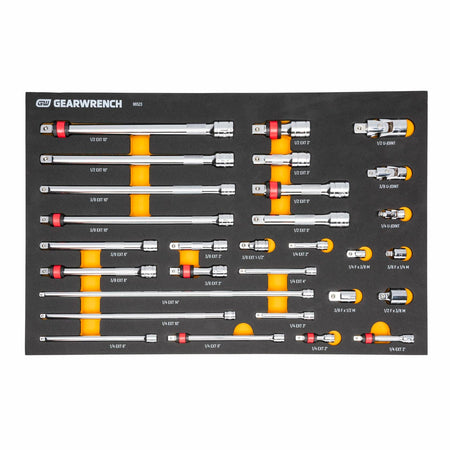 GEARWRENCH extension bars and adapters organized in a foam tray with labeled slots. Includes 1/4", 3/8", and 1/2" drive sizes. Yellow highlights and clear labeling enhance visibility and tool access.
