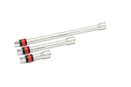 Three chrome socket wrench extension bars of varying lengths with knurled grips and red/black rings near the drive ends. Used to access fasteners in recessed or tight areas during mechanical work.