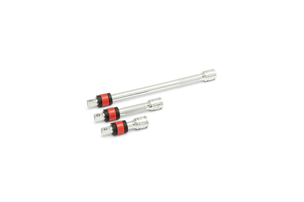 Set of four chrome socket wrench extension adapters with knurled grips and red/black rings near the base. Designed to extend reach and connect sockets across drive sizes for mechanical and automotive use.