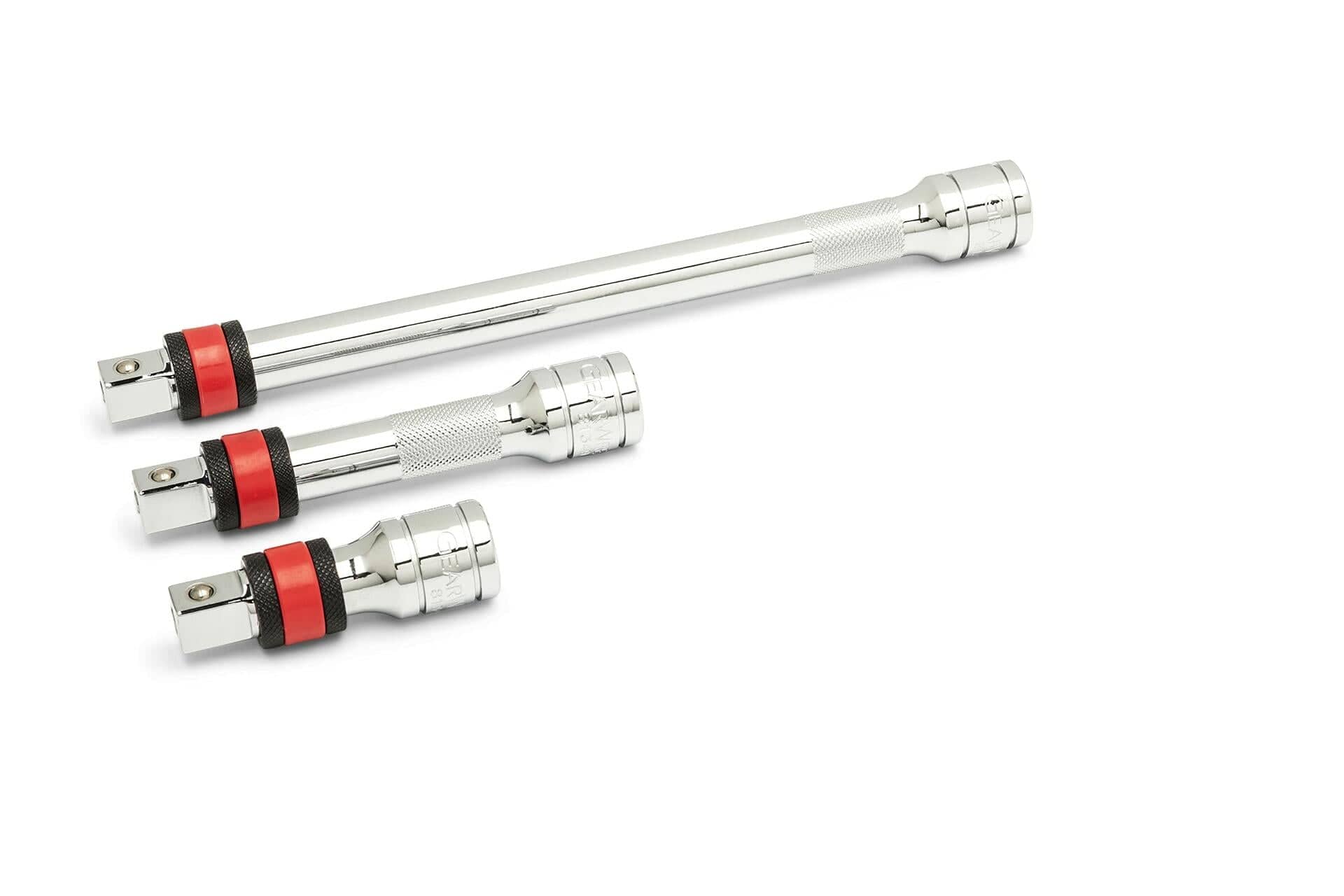 Set of three chrome socket extension bars with knurled grips and red/black locking collars. Varying lengths allow flexible reach for fasteners in tight or angled spaces. Ideal for automotive and industrial use.