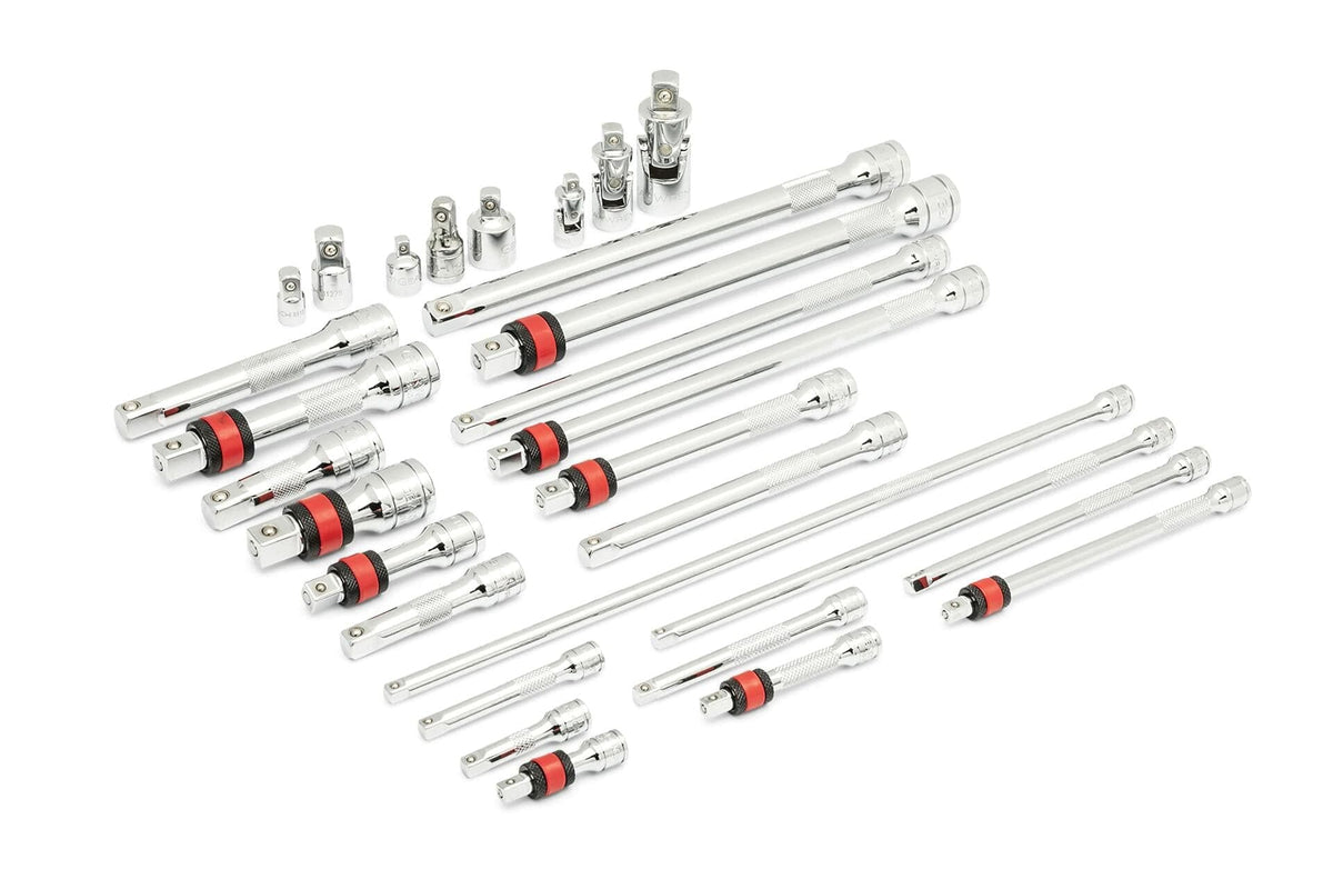 Comprehensive set of chrome socket wrench extension bars, adapters, and universal joints arranged on a white background. Includes various lengths and drive sizes for versatile mechanical and automotive use.