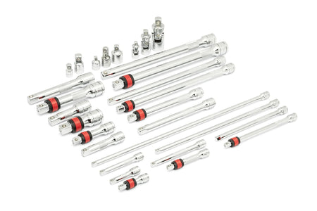 Comprehensive set of chrome socket wrench extension bars, adapters, and universal joints arranged on a white background. Includes various lengths and drive sizes for versatile mechanical and automotive use.