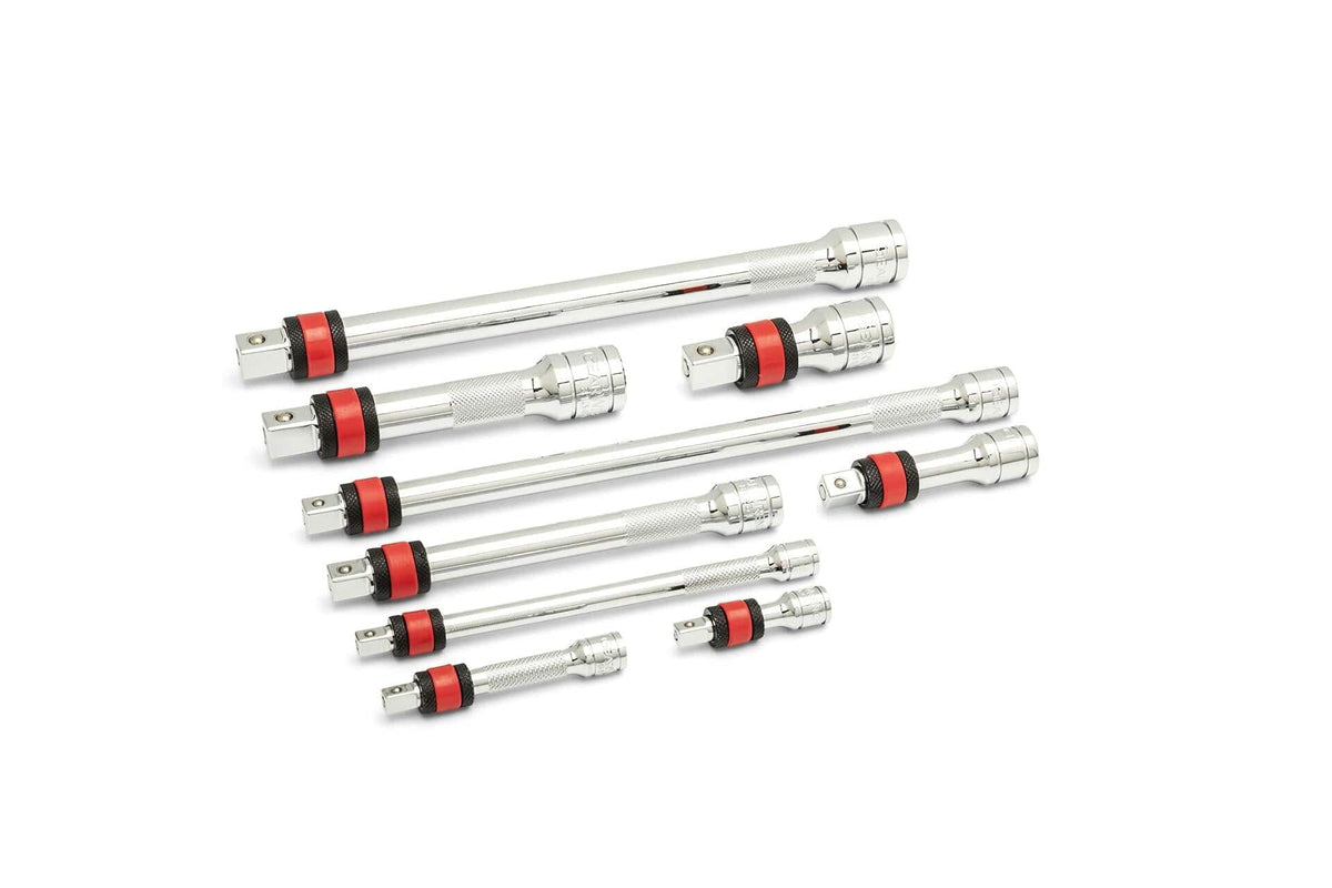 Nine chrome extension bars with red and black locking mechanisms arranged by length. Designed for socket wrench use to extend reach and secure sockets during high-torque applications.