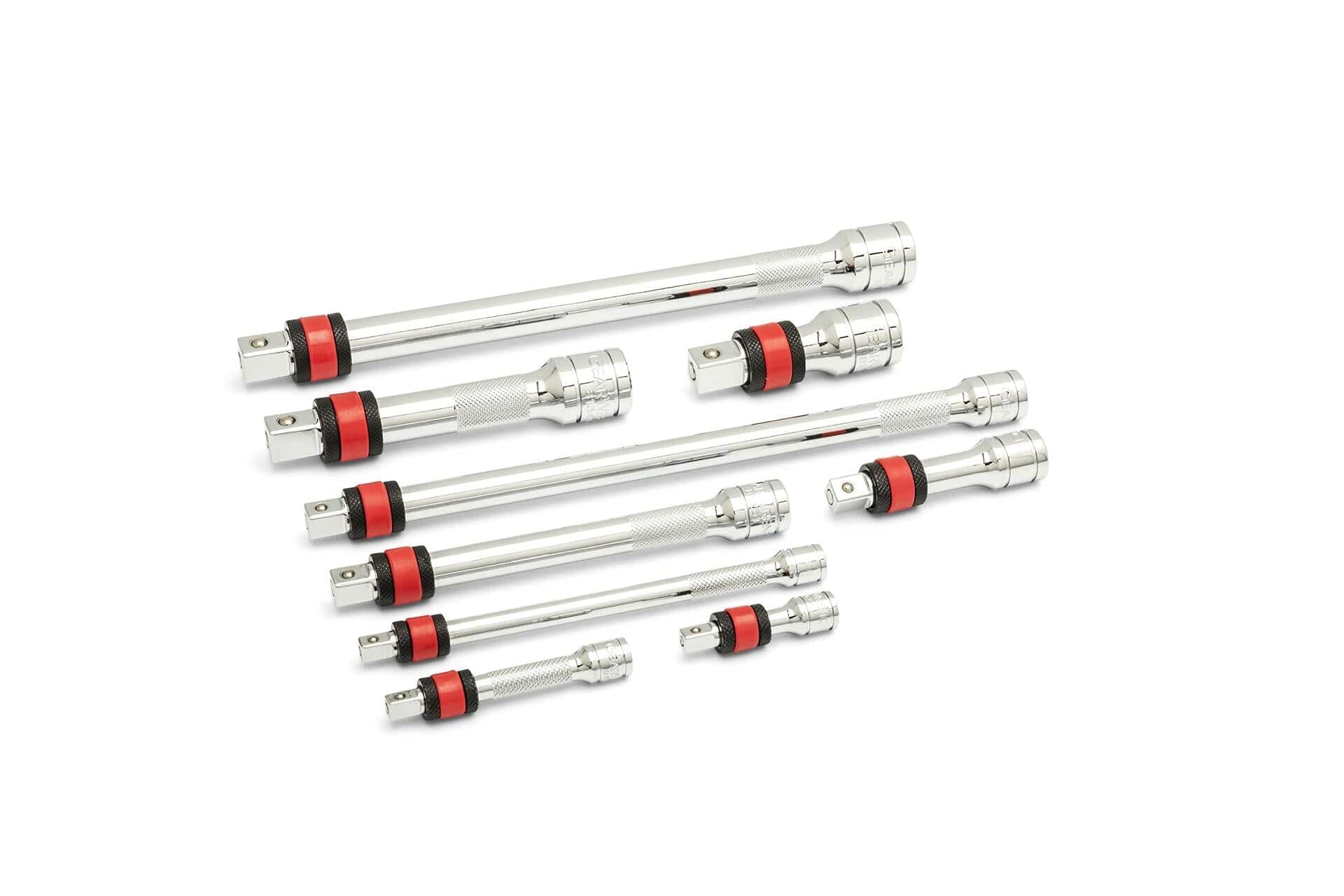 Nine chrome extension bars with red and black locking mechanisms arranged by length. Designed for socket wrench use to extend reach and secure sockets during high-torque applications.