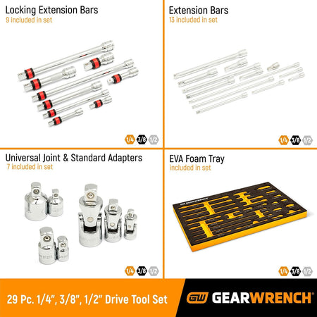 Promotional layout of GEARWRENCH 29-piece drive tool set. Highlights locking extensions, standard extensions, universal joints, adapters, and EVA foam tray. Organized by drive size and function for professional use.
