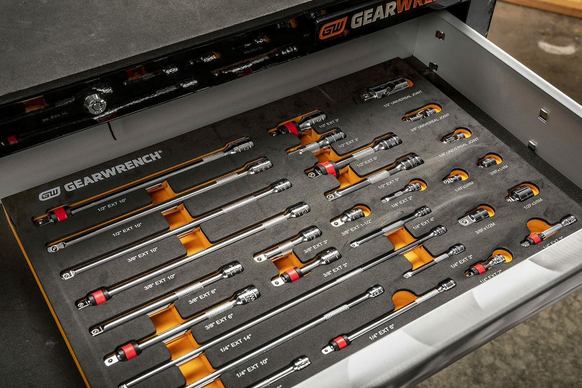 Open tool drawer showing GEARWRENCH extension bars and adapters organized in a labeled EVA foam insert. Includes 1/4", 3/8", and 1/2" drive sizes with lengths from 2" to 18". Designed for efficient tool storage