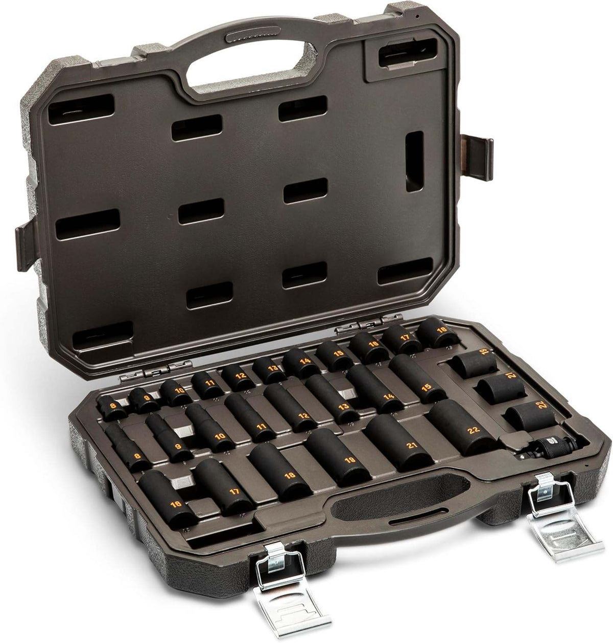 A GEARWRENCH 29-piece 3/8 inch drive metric standard and deep impact socket set displayed in its professional blow-mold carry case.