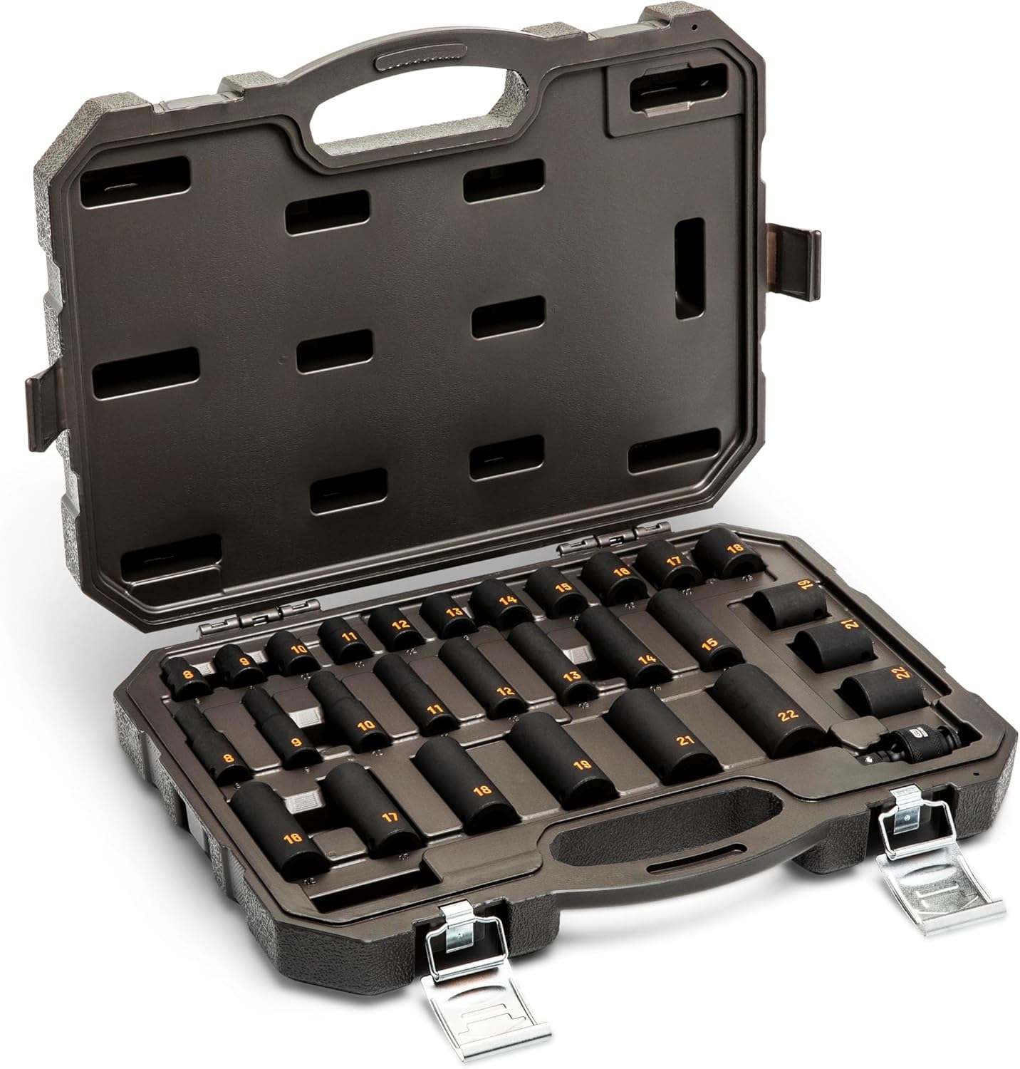 A GEARWRENCH 29-piece 3/8 inch drive metric standard and deep impact socket set displayed in its professional blow-mold carry case.