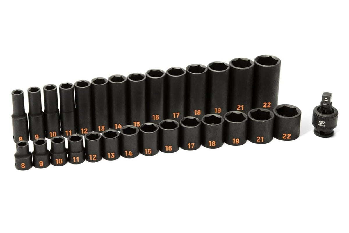 The complete 29-piece GEARWRENCH 84925H metric impact set featuring 14 standard sockets, 14 deep sockets, and a universal joint.