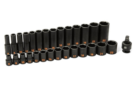 The complete 29-piece GEARWRENCH 84925H metric impact set featuring 14 standard sockets, 14 deep sockets, and a universal joint.