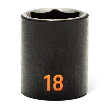 A 18mm GEARWRENCH standard impact socket standing vertically with a clear orange Hi-Viz marking on the black body.