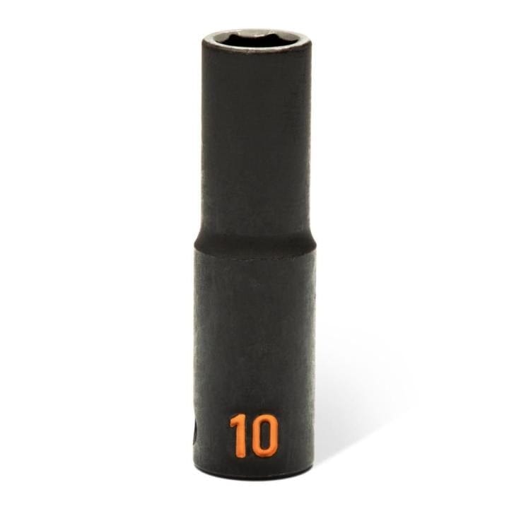 A 10mm GEARWRENCH deep impact socket showing the high-visibility orange stamp and the 6-point hex drive profile.