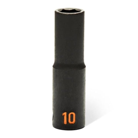 A 10mm GEARWRENCH deep impact socket showing the high-visibility orange stamp and the 6-point hex drive profile.
