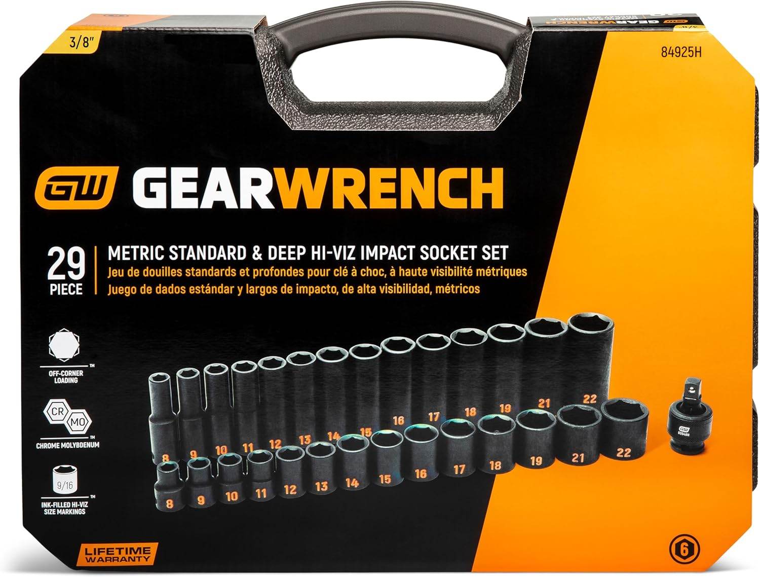 The retail carry case for the GEARWRENCH 29-piece metric standard and deep Hi-Viz impact socket set.