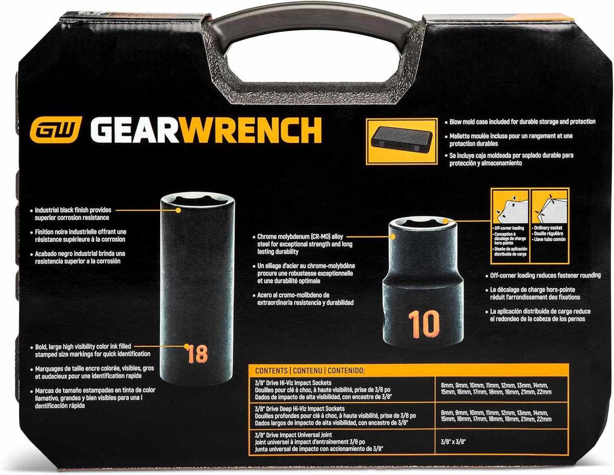 Rear view of the GEARWRENCH 84925H case showing the layout of the 29 pieces and the lifetime warranty information.