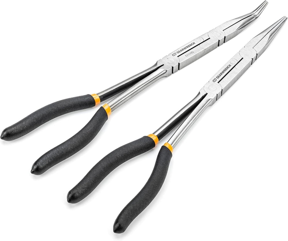 A professional studio product shot of the GEARWRENCH 2-piece Double-X long reach plier set, showing both the straight nose and 45-degree bent nose pliers with black double-dipped comfort grips.