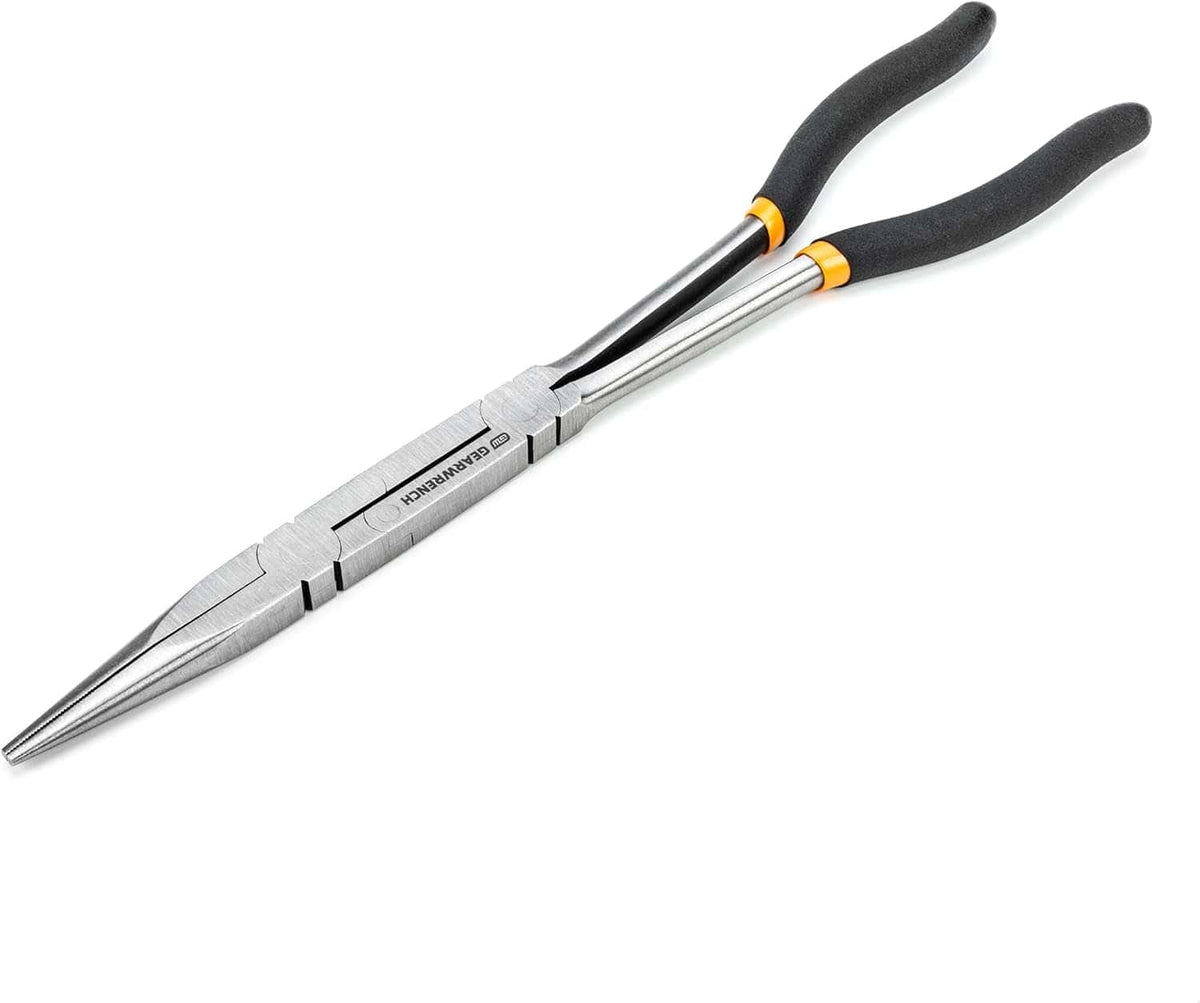 A top-down view of the GEARWRENCH Double-X straight nose long reach pliers, highlighting the slim profile and polished alloy steel construction designed for automotive tight spaces.