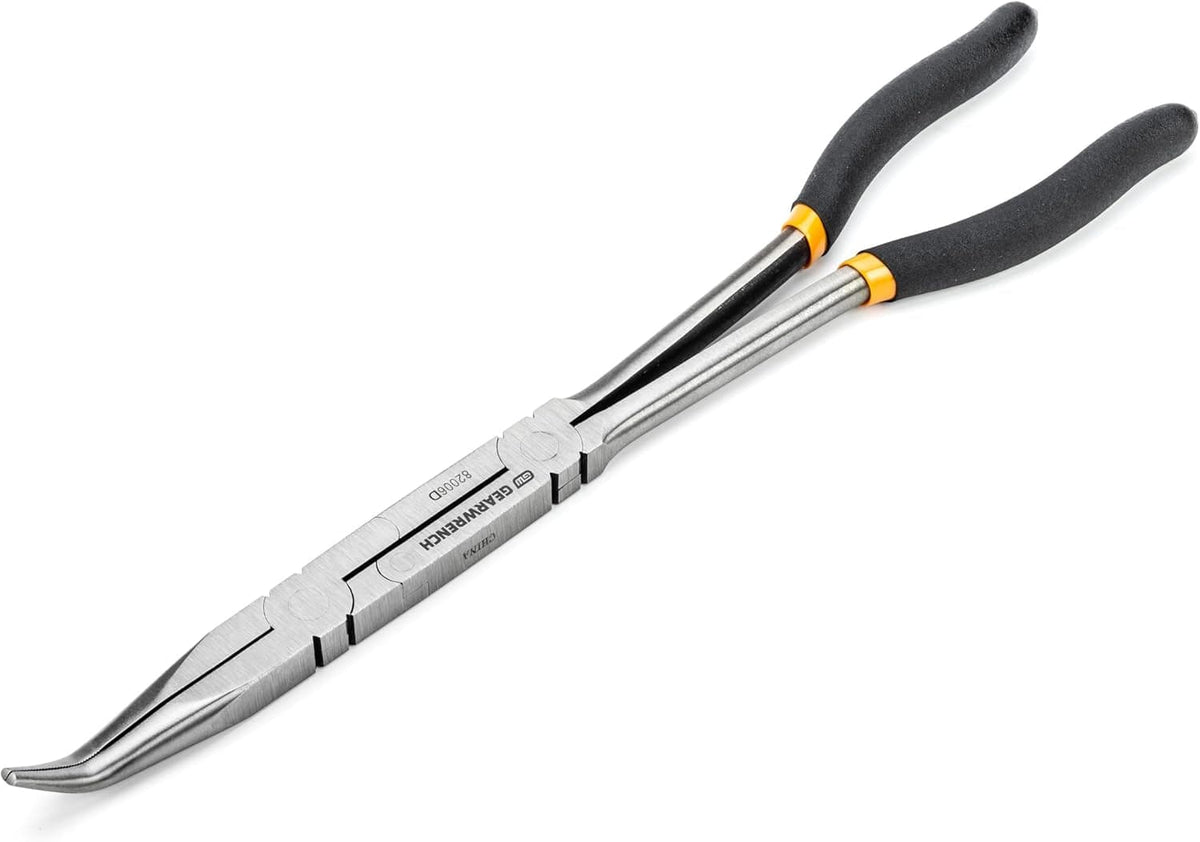 A detailed view of the GEARWRENCH Double-X 45-degree bent nose pliers, showcasing the angled tip and extended reach capabilities for obstructed industrial applications.