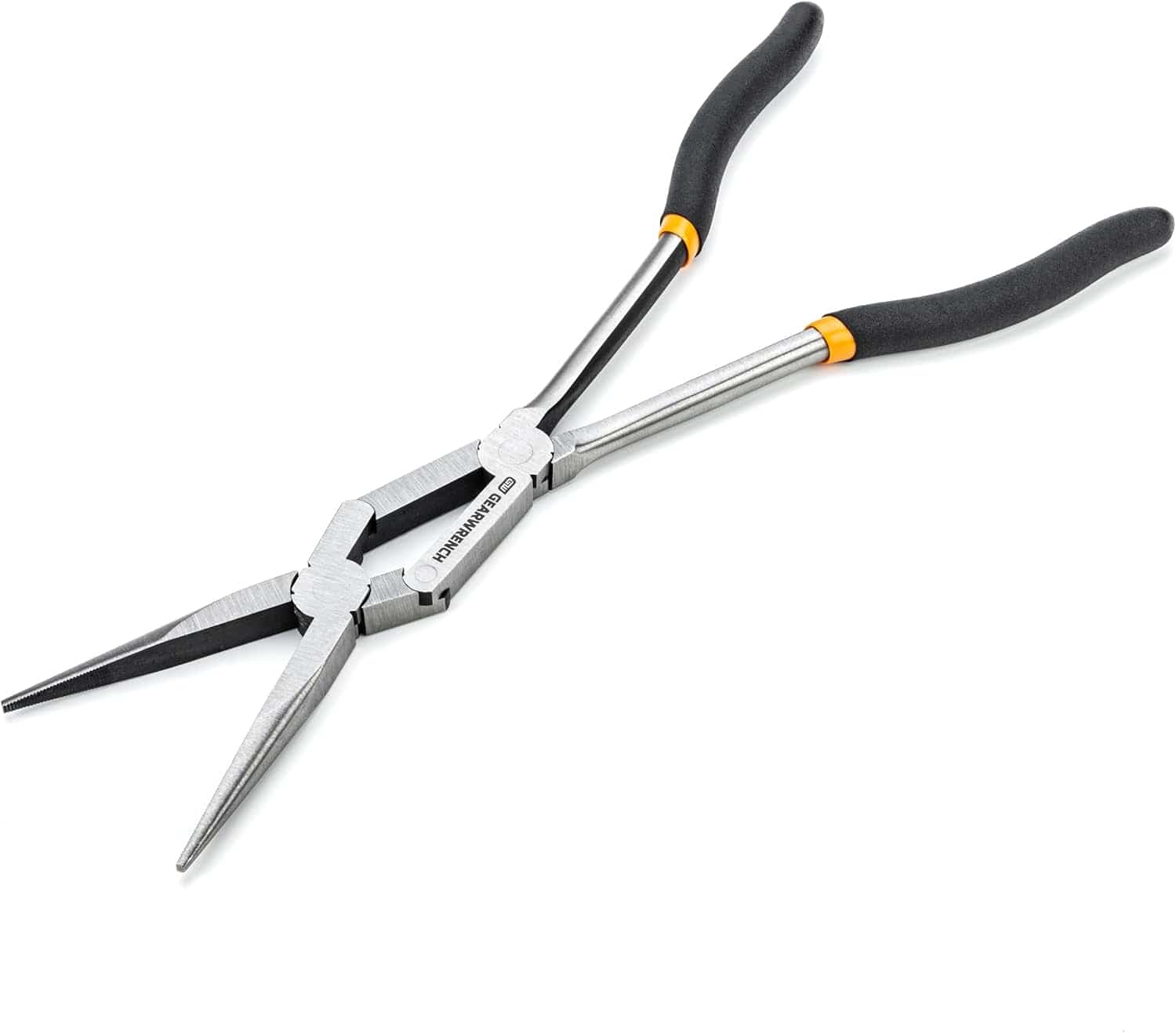 An action-oriented shot showing the GEARWRENCH Double-X straight pliers in an open position, demonstrating the patented compound joint that allows the jaws to open wider than the handles.