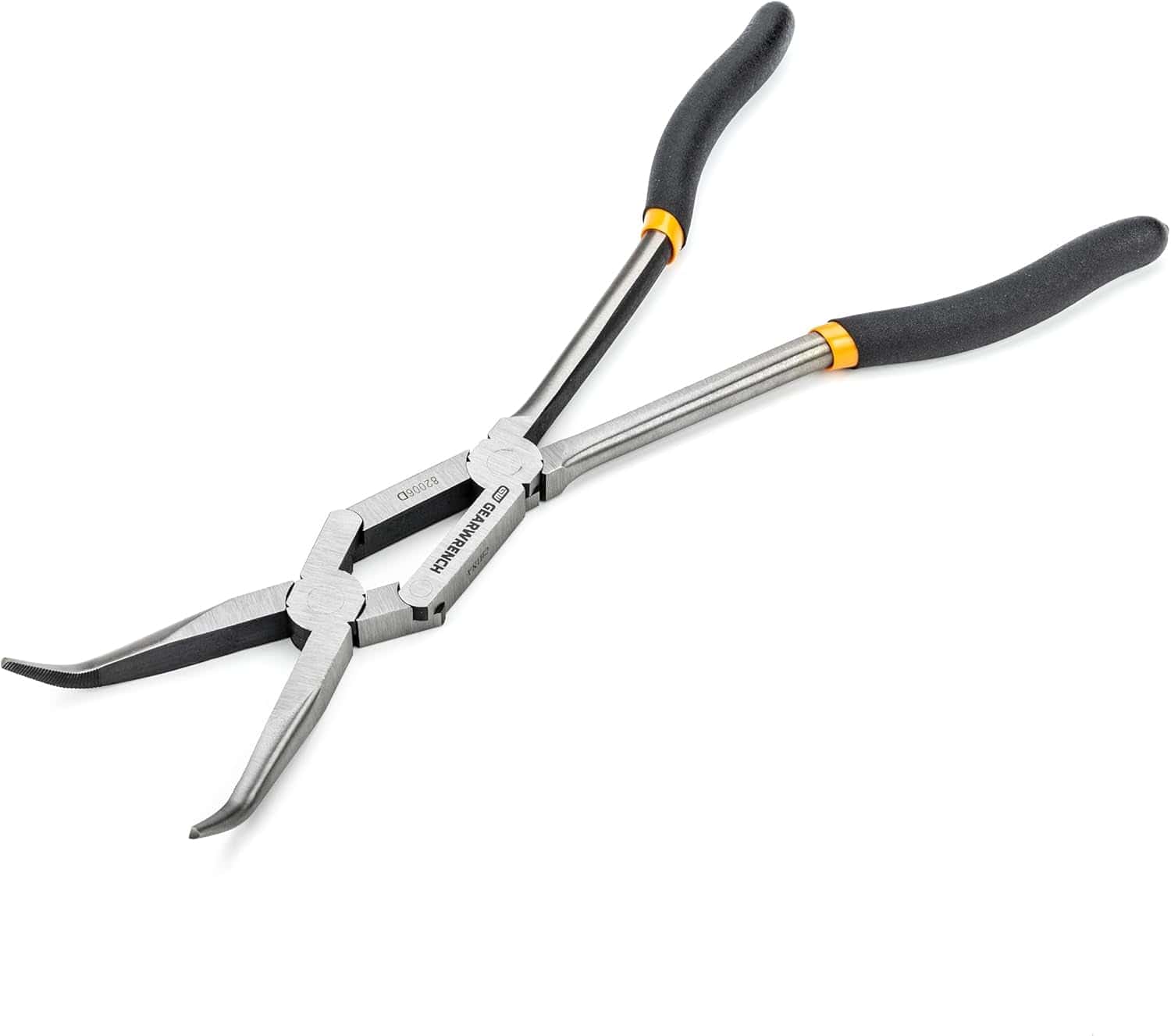 The GEARWRENCH Double-X 45-degree bent nose pliers shown in the open position, emphasizing the high-leverage compound action and narrow joint design for maximum access.