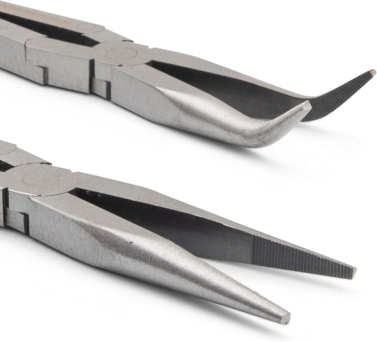 A close-up comparison shot of the straight and 45-degree angled tips of the GEARWRENCH long reach pliers, focusing on the precision-milled serrated jaws for a secure grip.