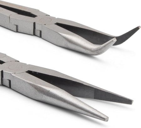 A close-up comparison shot of the straight and 45-degree angled tips of the GEARWRENCH long reach pliers, focusing on the precision-milled serrated jaws for a secure grip.