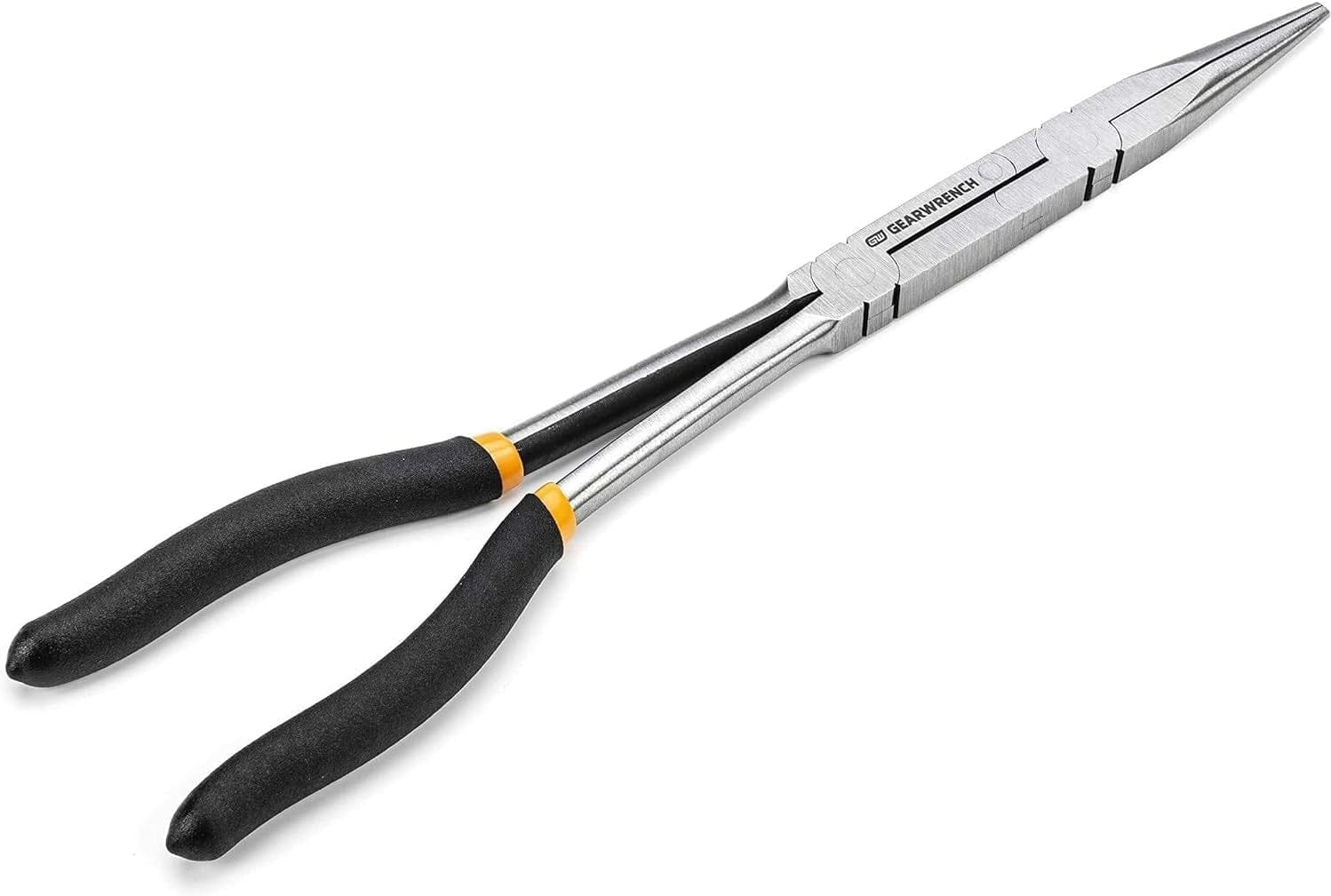 A side profile of the GEARWRENCH Double-X straight needle nose pliers, illustrating the extra-long handle-to-jaw ratio for reaching deep into engine compartments.