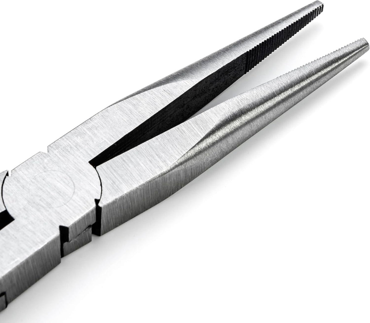 Macro close-up of the straight needle nose jaws of the GEARWRENCH long reach pliers, highlighting the durable alloy steel finish and high-precision gripping surface.