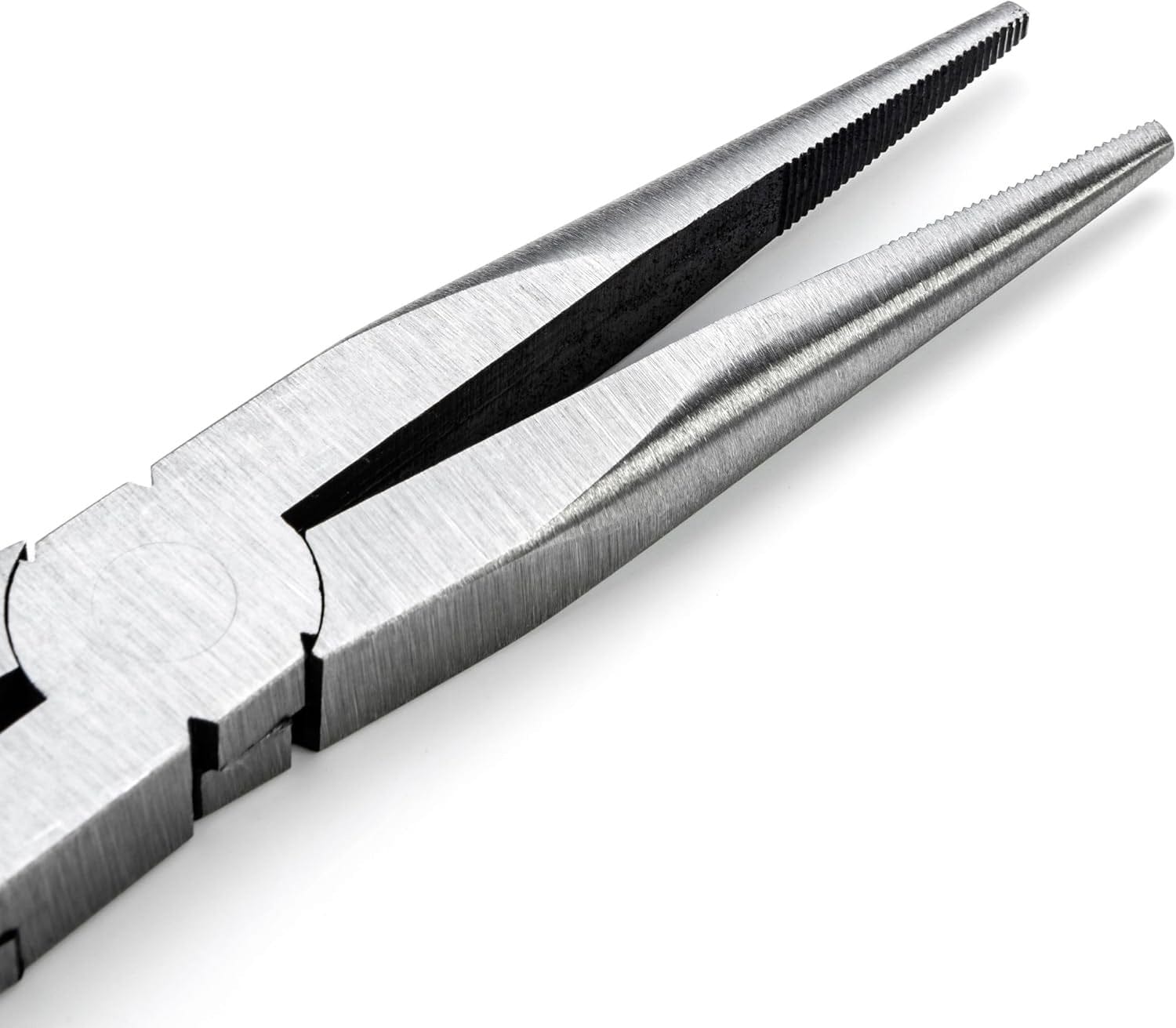 Macro close-up of the straight needle nose jaws of the GEARWRENCH long reach pliers, highlighting the durable alloy steel finish and high-precision gripping surface.